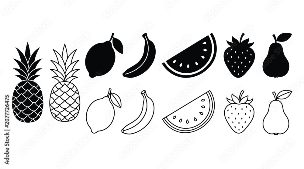 Fototapeta premium Variety Of Fruit Silhouettes Black And White Vector Illustration