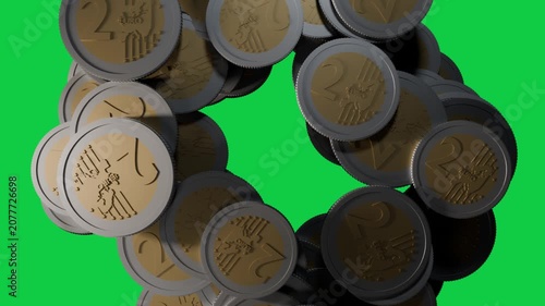 Pile of two-tone coins rotating after nudge, reforming ring to settle on transparent void