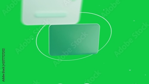 Mint card rotating, ring orbiting, glowing orb entering, blurring, revealing lens on transparent bg
