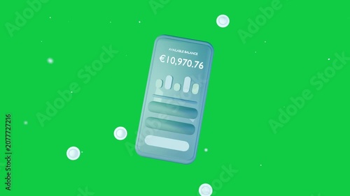 Teal phone UI drifting and rotating on token pulse, revealing balance on clear background