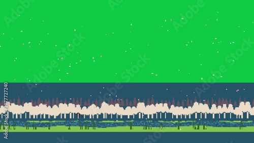 On loop pixel animating for looped transparent bg: stars twinkling ridge shifting grass moving