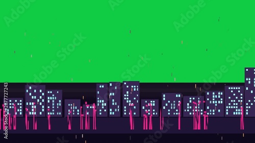 Pan starting skyline scrolling, magenta pillars shifting to reveal cyan-lit buildings on alpha bg