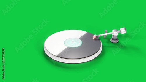 Turntable spinning on start, tonearm tracking inward, glow flickering showing playback on clear bg