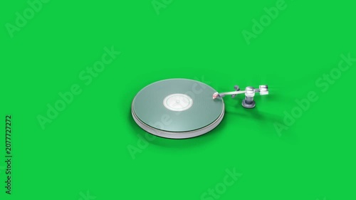 Power on mint disc spinning, tonearm tracking inward, zooming out on transparent bg showing setup