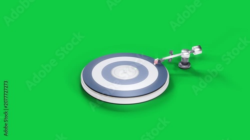 Arm appearing, lowering stylus onto spinning blue-ring platter on transparent backdrop for playback
