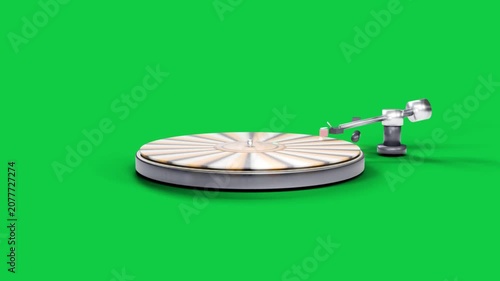 Lit turntable rotating on transparent background, tonearm sliding from right-edge, showcasing props