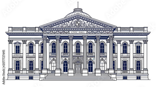 Obraz na płótnie Ornate Civic Hall Building Facade with Columns and Dome - Architectural Illustra