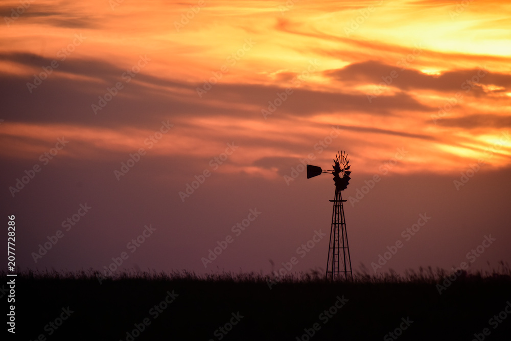 Fototapeta premium Windmill in the Argentine Countryside, at sunset, La Pampa Province, Patagonia, Argentina.