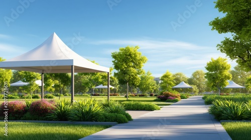 A serene park scene with white tents, lush greenery, and a paved walkway under a clear sky