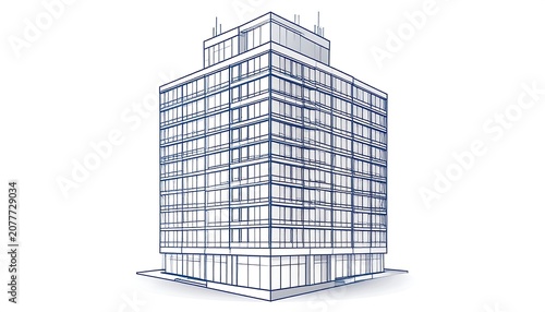 Modern Glass Office Building Illustrated on White Background