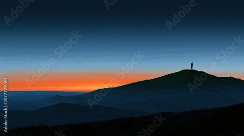 Silhouette of a lone person standing on a mountain peak at sunrise.