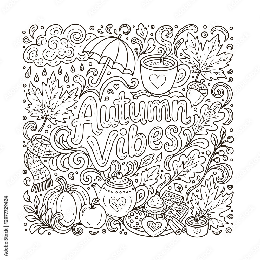 Fototapeta premium Autumn Vibes Doodle with Cozy Tea Treats, Maple Leaves and Rain Clouds – Hand Drawn Autumn Line Art, Transparent PNG.