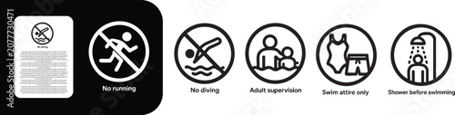Photos Swimming Pool Rules Icons Set, No running, No diving, Adult supervision, Swim at