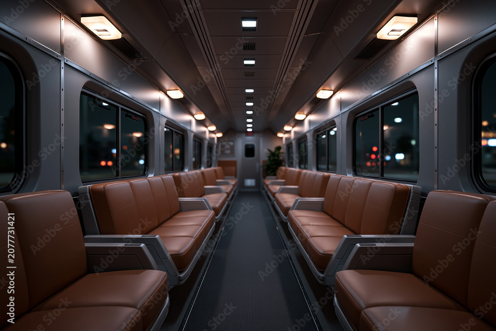 Fototapeta premium Empty train interior with leather seats at night