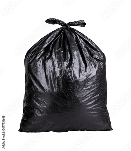 Black plastic garbage bag full of trash tied at the top isolated on transparent background