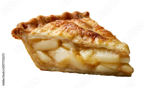 Fresh baked apple pie slice with golden flaky crust and sweet filling isolated on transparent background