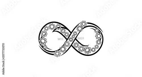 Infinity symbol composed of intricate interconnected gear wheels.