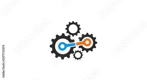 Interconnected gears icon with blue and orange accents.