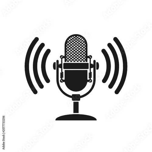 Retro broadcast microphone icon with sound waves illustration