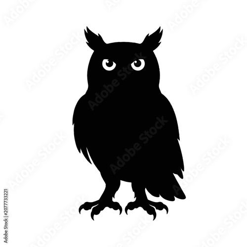 Mysterious black owl standing silhouette illustration