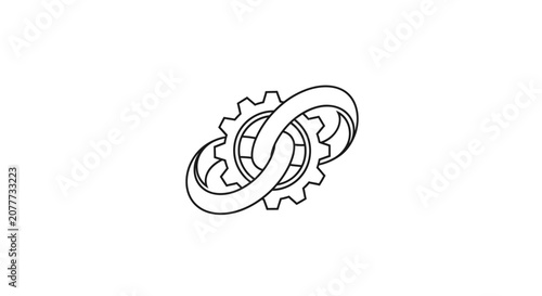 Interlocking rings combined with mechanical gears industrial icon