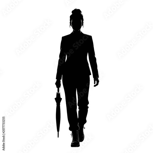 Silhouette of a professional woman walking forward with an umbrella