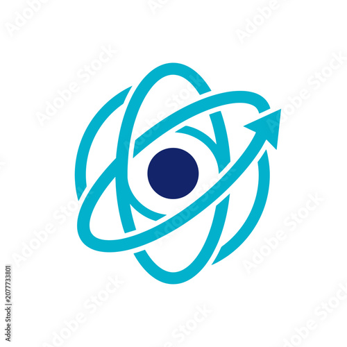A minimalist graphic illustration of a stylized atomic structure with an arrow