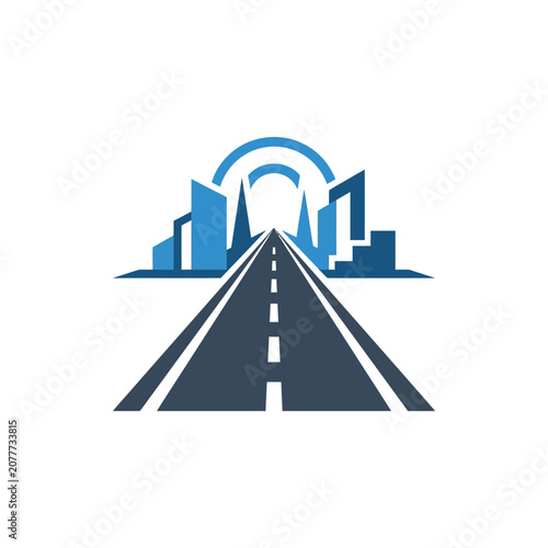 A minimalist graphic illustration of a road leading into a modern city skyline