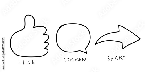 thumbs up symbol, comment symbol, share symbol, social media assets, vector, hand drawing