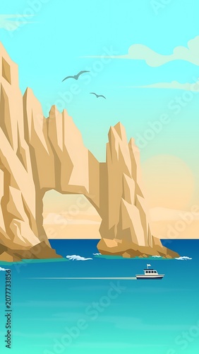 Coastal Seascape with Cliff Arch and Boat.