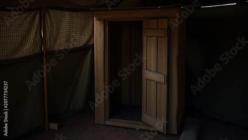 A simple wooden latrine structure in a military camp corner.