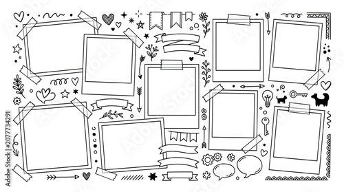 Fotografia Doodle Photo Collage Template with Polaroids, Ribbons, Arrows and Hearts