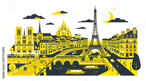 Quadro su tela Parisian Skyline Illustration: Eiffel Tower, Notre Dame, Sacre-Coeur