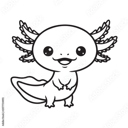 Cute axolotl cartoon line art vector with external gills and smiling face for coloring book and sticker design