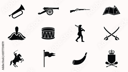 Foto Vintage military icon set showcasing historical weapons symbols and regalia for