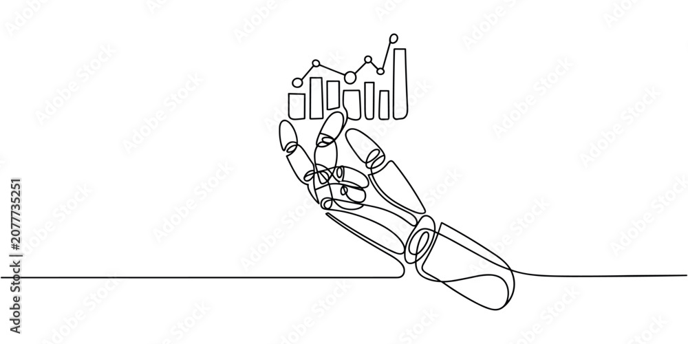 Obraz premium Robotic hand holding bar graph and line graph mechanical hand continuous one line drawing in white background