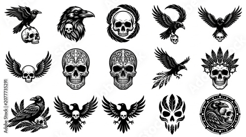Foto Skulls and birds tattoo designs.