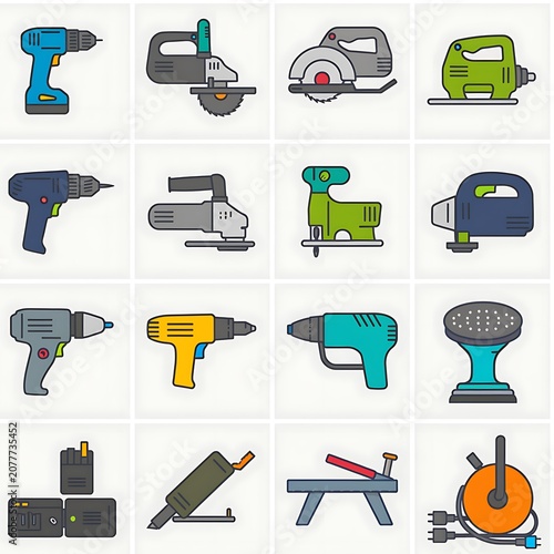 Collection of various power tools and equipment icons.