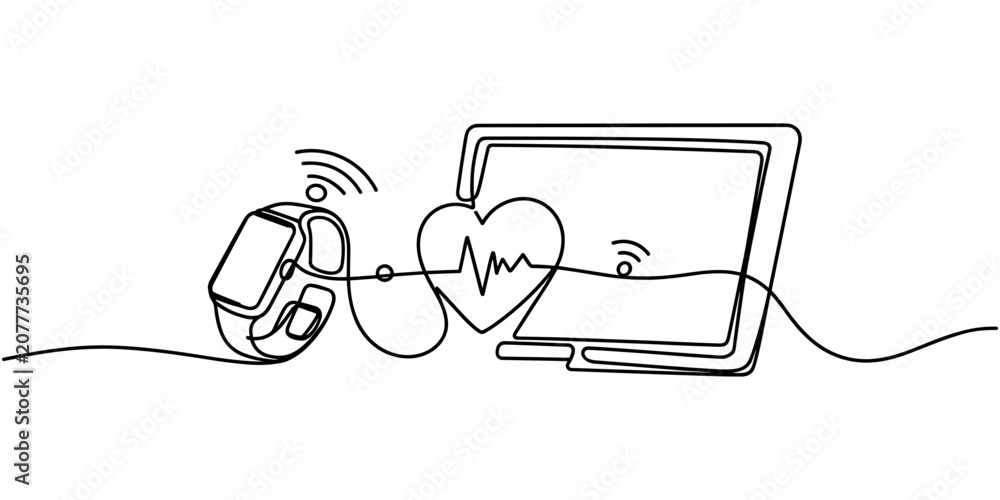 Fototapeta premium Smartwatch smartphone and heart rate monitor connected wirelessly wireless connection healthcare devices continuous one line drawing in white background