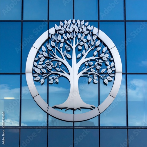 Large tree logo shown on the glass wall of a modern building during daytime with clouds in the sky
