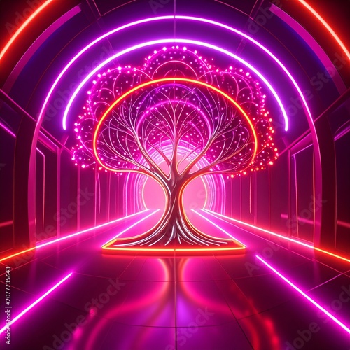 Neon tree stands in a glowing tunnel with colorful lights at night during a digital art display