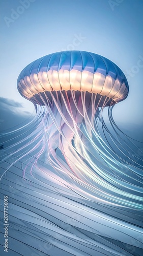 Floating jellyfish moves in water during early evening light with soft colors showing through its tentacles and bell