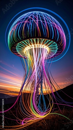 Colorful jellyfish with glowing tentacles and bright lights floats against a dark sky at sunset