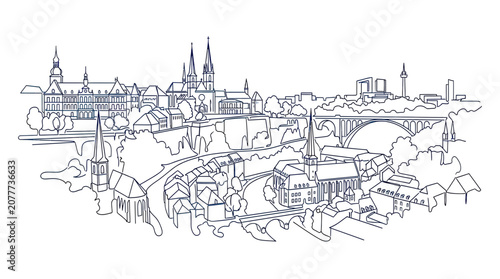 Canvastavla Luxembourg City Skyline Outline Drawing: Historic Architecture and Modern Bridge