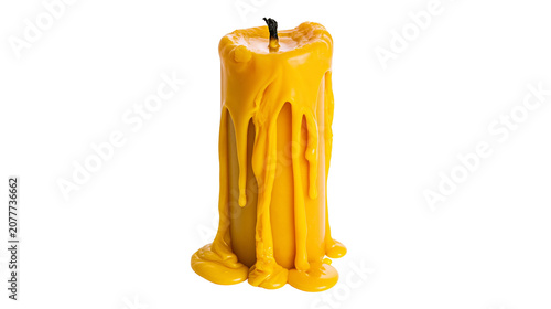 Photos Yellow candle with dripping wax and black wick