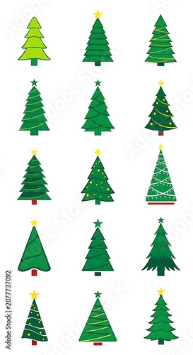 Colorful Christmas Tree Icons Arranged on White Background