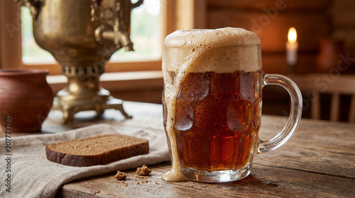 Kvass Foam in a Rustic Glass Mug