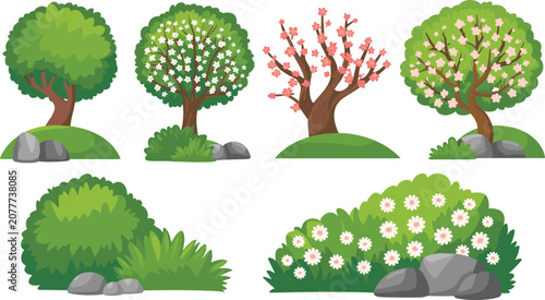 Decorative flowering trees collection, lush garden bushes landscape, blooming botanical plants illustration, isolated nature vector design set premium