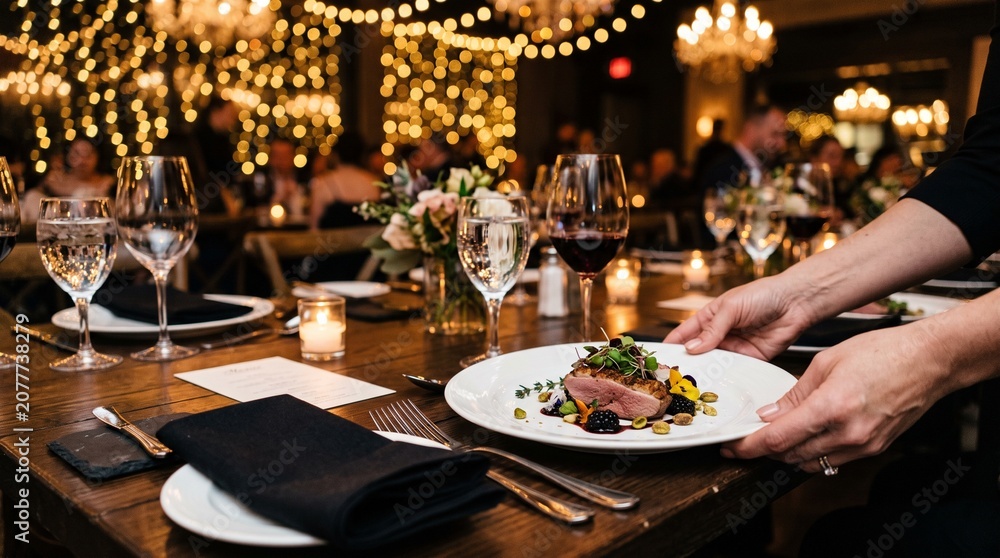 Fototapeta premium Elegant dinner gathering with fine dining and wine glasses.