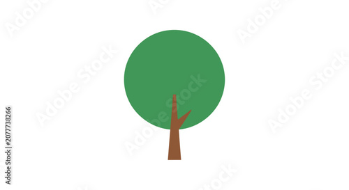 Minimalist representation of a single tree, green foliage and brown trunk, on a white background